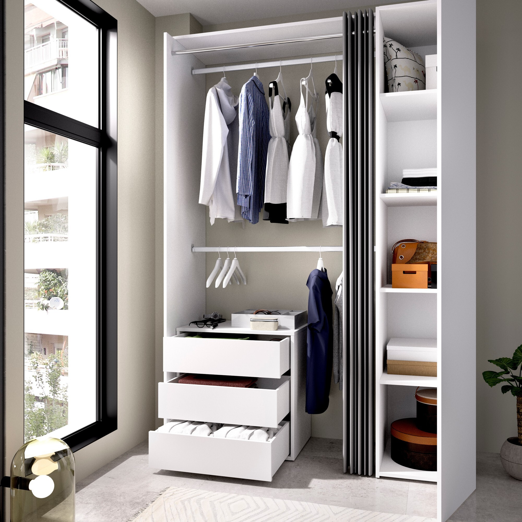 Guardaroba grande Annuck, Struttura per cabina armadio, Mobile appendiabiti aperto, 141x52h205 cm, Bianco e Antracite