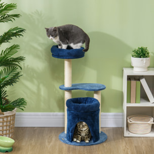 Arbre à chat design - niche, 2 plateformes, 2 coussins, griffoirs - peluche bleu roi