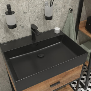 set mitigeur lavabo à levier sans tirette + mitigeur cuisine avec douchette extractible 2 jets, noir mat (SATBSD2OD271C)