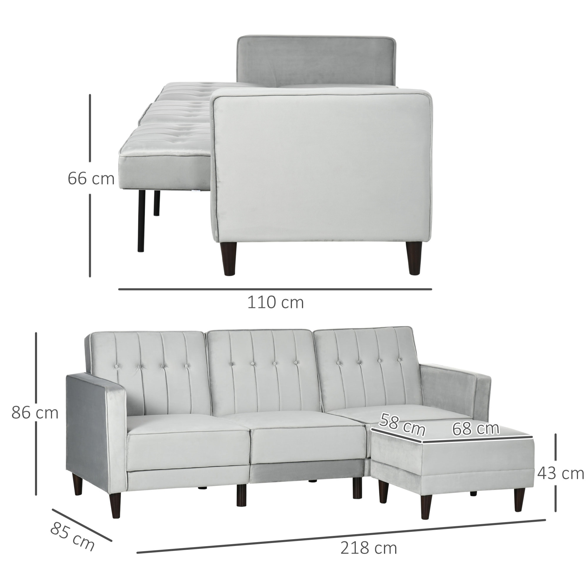 Sofá Cama con Chaise Longue de 3 Plazas Convertible con Reposapiés Movible Respaldo Ajustable y Reposabrazos Tacto Aterciopelado 218x85x86 cm Gris Claro