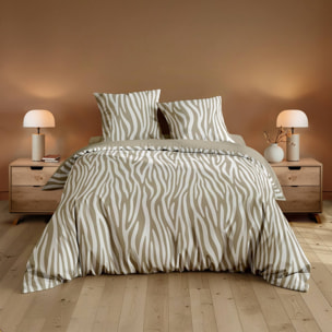 Parure de lit 3 pièces 100 % coton imprimé zèbre housse + taies - Naturel