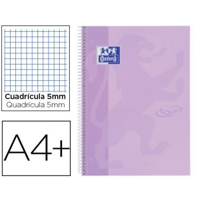 Cuaderno espiral oxford ebook 1 school touch te din a4+ 80 hojas cuadro 5 mm con margen malva pastel (Pack de 5 uds.)