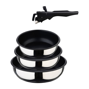 juego de 3 sartenes ø18ø20ø24cm acero inoxidable + mango extraíble negro