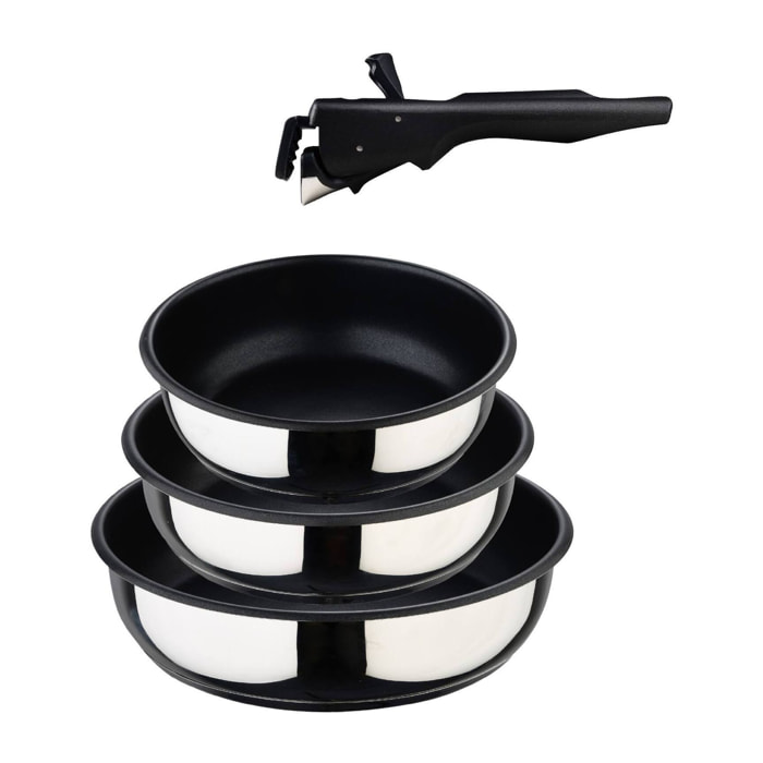 juego de 3 sartenes ø18ø20ø24cm acero inoxidable + mango extraíble negro
