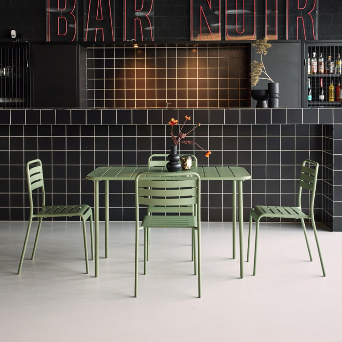 Table de jardin métal + 4 assises vert en acier. Amelia. 120 x 70 x 72.5 cm