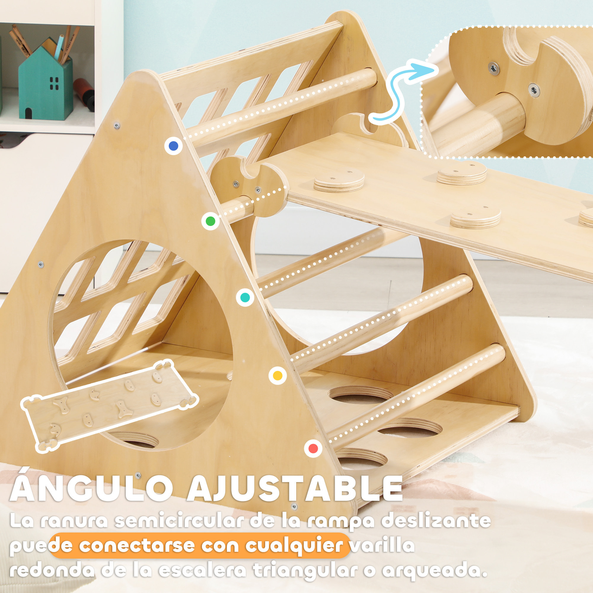 Triángulo de Escalada de Madera 8 en 1 Escalada para Niños de 18-48 Meses con Rampa Escalera de Arco y Bolsa de Arena 175x59,5x60 cm Natural