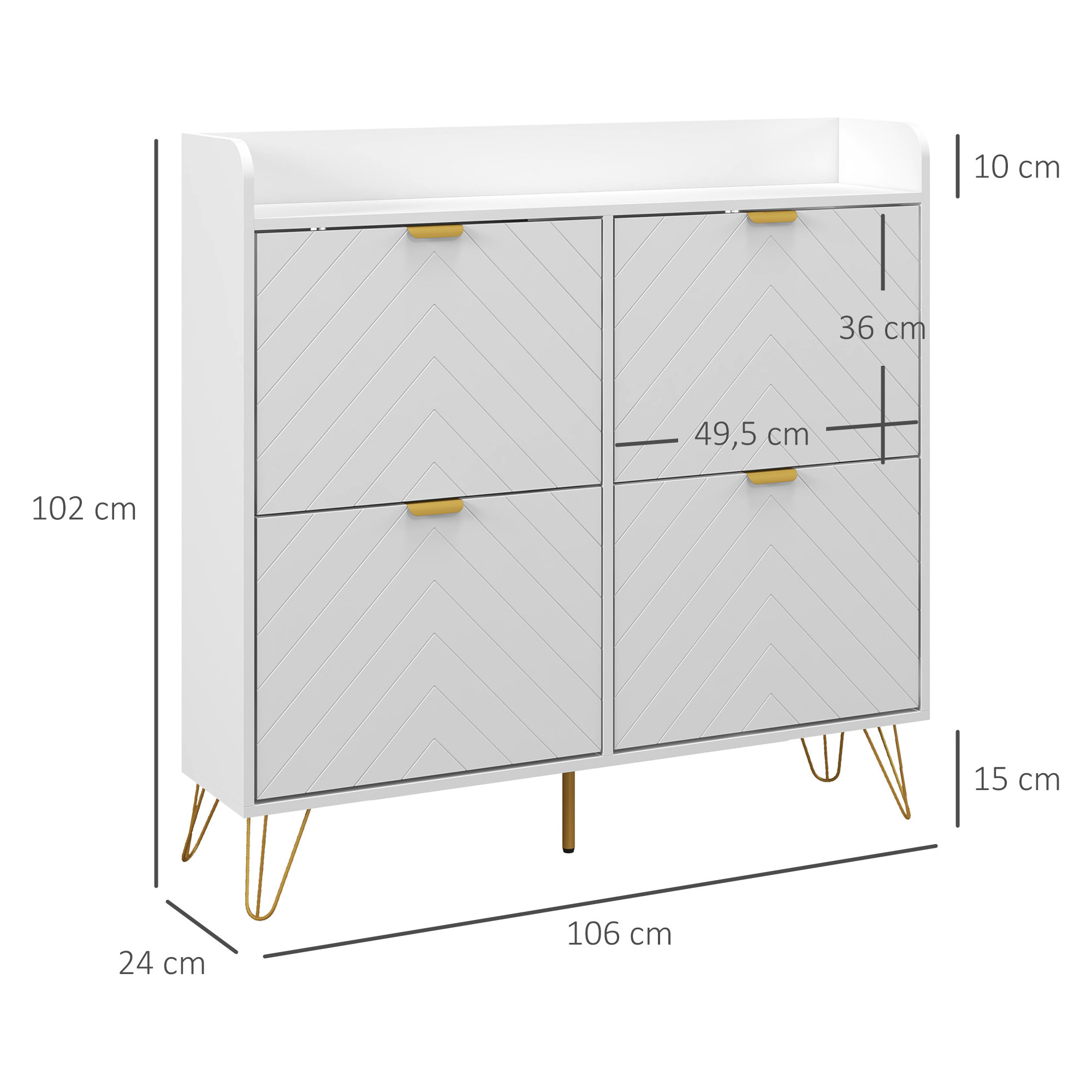 Meuble à chaussures 4 abattants style art déco - dim. 106L x 24l x 102H cm - acier doré MDF blanc