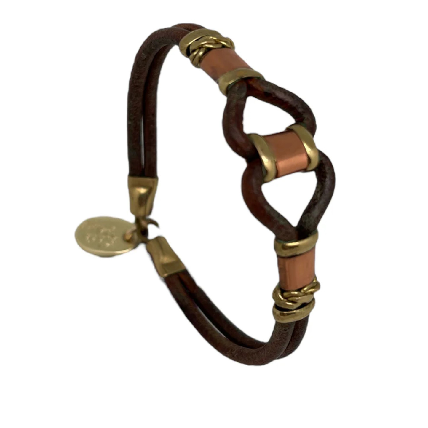 Pulsera cuero latón y cobre enlazado artesanal áºnicas