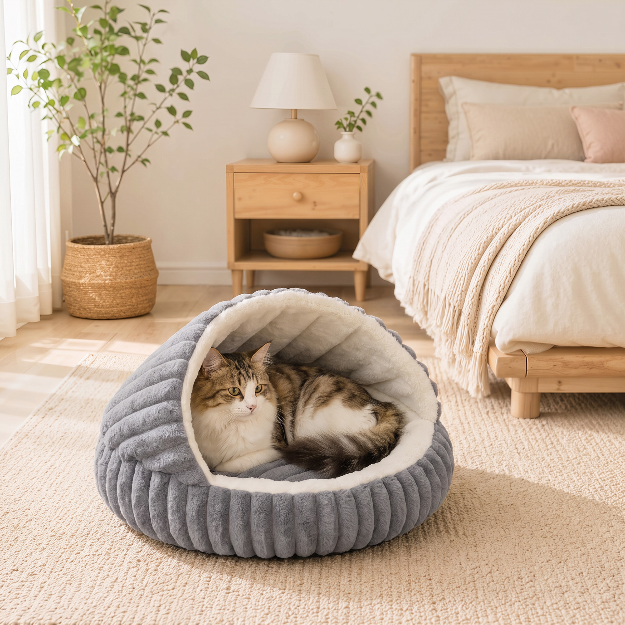 PawHut Cama para Gatos, Cueva para Gatitos Redonda con Base Antideslizante y Cojín Lavable, para Interior, 50x50x32 cm, Gris