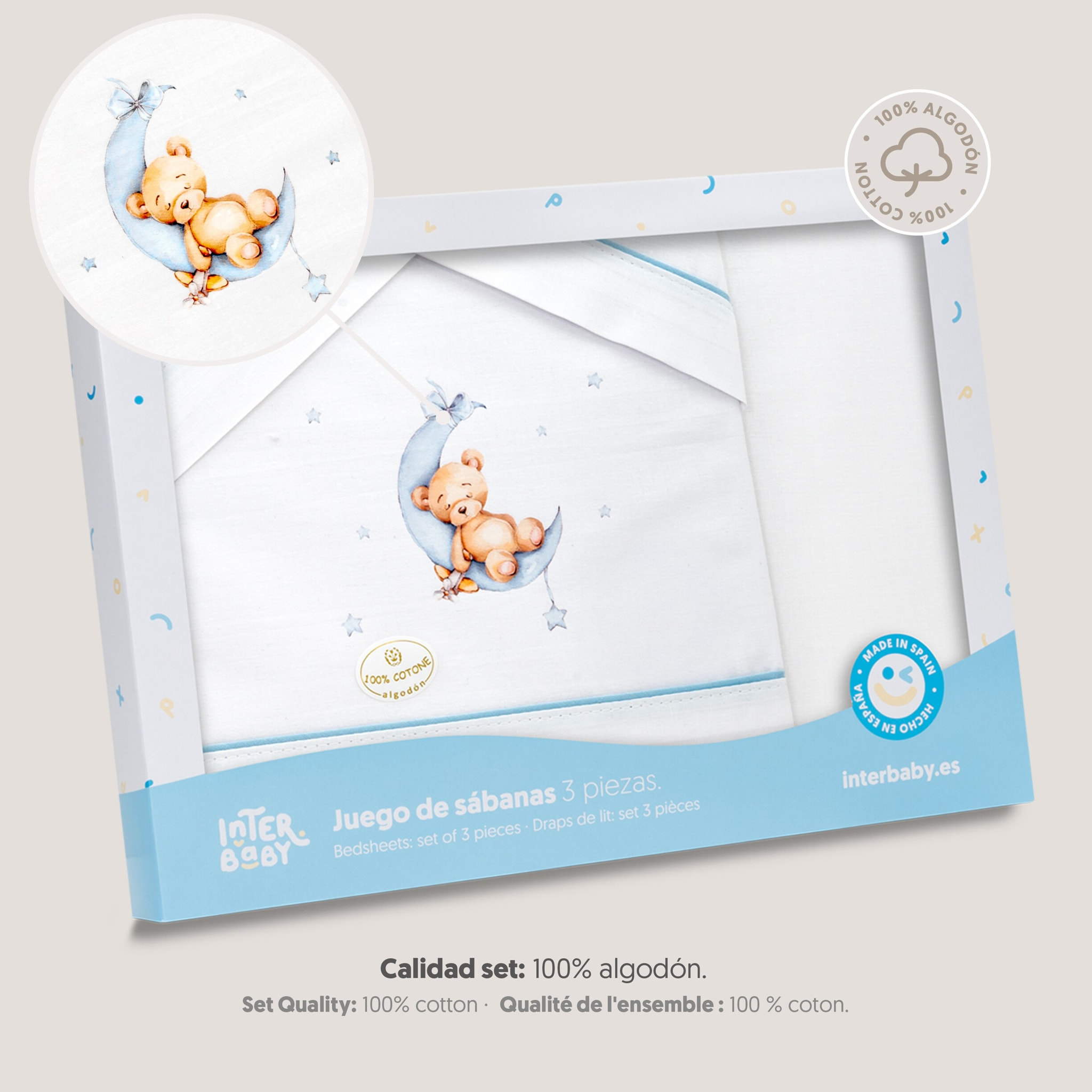 Triptico Minicuna Estampado Oso Luna Estrellas Bco/Azul