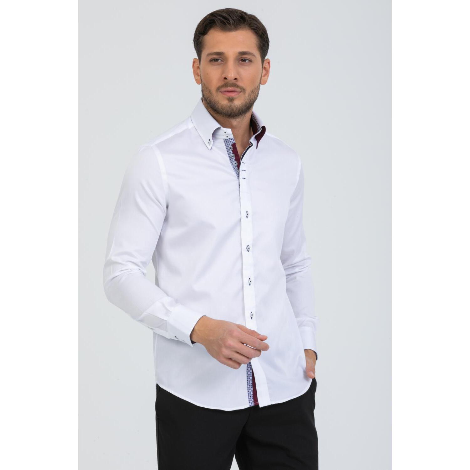 Camicia Uomo 2 Bottoni Button Down Slim Satin Unito Bianco