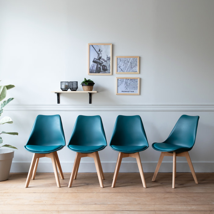 Lot de 4 chaises scandinaves NORA bleues avec coussin