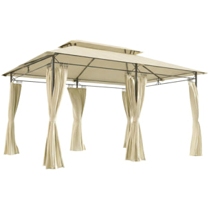 de Jardín 4x3 m, Pabellón de Jardín Gazebo con Doble Techo, 6 Paredes Laterales, Estructura Metálica, Orificios de Drenaje, Carpa para Exterior, Terraza, Patio, Beige