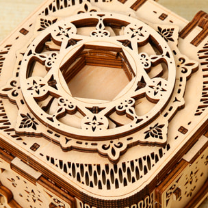 Maqueta de Madera 3D, diseño de Caja de música con movimiento mecánico. 68 piezas.
