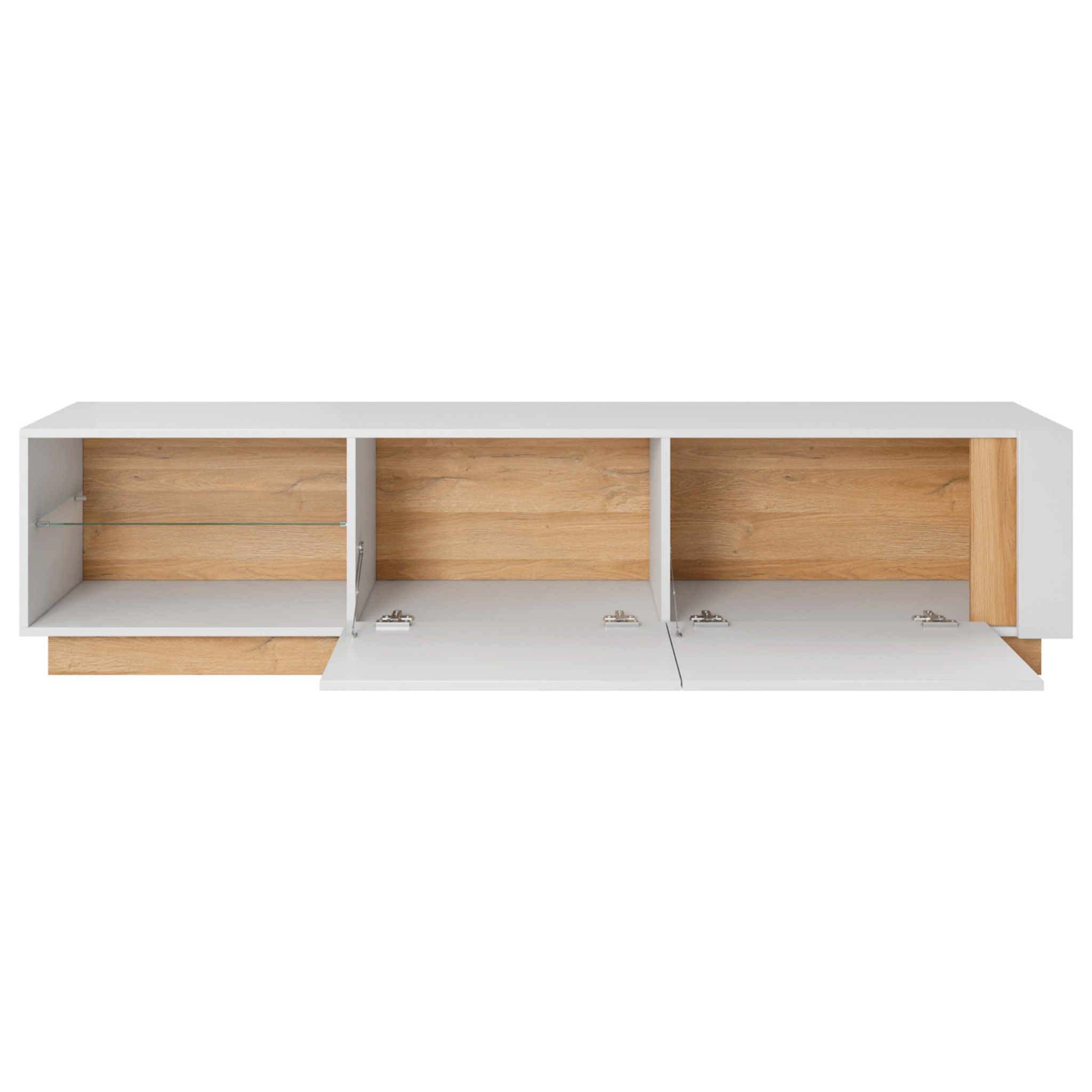 Porta TV Mobile Soggiorno Mobiletto Moderno Con Anta A gola E Vano Con Ripiano In Vetro Salvaspazio 45.5 x 40 x 187.5 Cm Bianco Lucido E Rovere