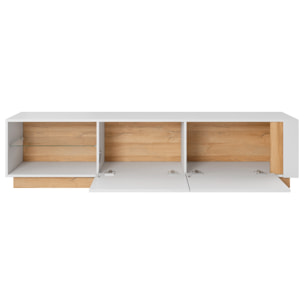 Porta TV Mobile Soggiorno Mobiletto Moderno Con Anta A gola E Vano Con Ripiano In Vetro Salvaspazio 45.5 x 40 x 187.5 Cm Bianco Lucido E Rovere
