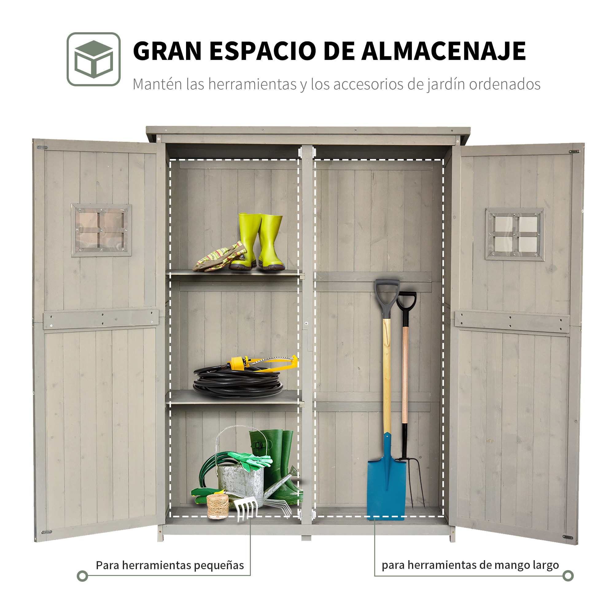 Cobertizo de Madera Caseta Exterior Armario Herramientas de Jardinería Doble Puertas Techo Impermeable Compartimientos de Diferentes Tamaños 127.5x50x164cm Madera Maciza