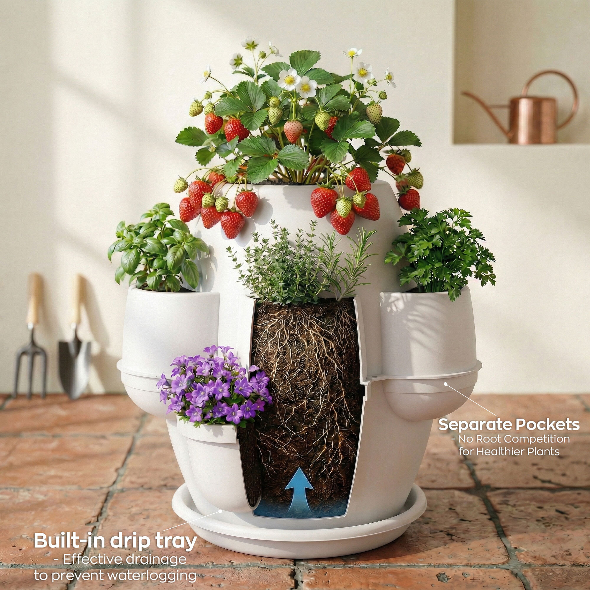 Oasi - Fioriera Da Giardino 80x80x80 Cm Con 6 Tasche Perimetrali E Sottovaso Bianco