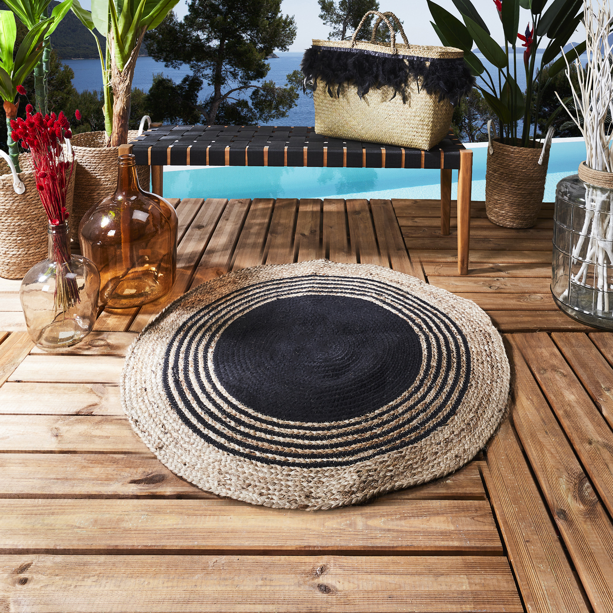 Tapis Rond Jute Coton Noir 90cm