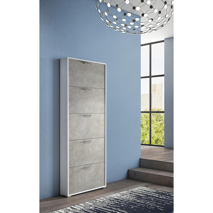 Scarpiera Margherita, Mobile multiuso da ingresso con 5 ante a ribalta, Armadietto portascarpe moderno, 100% Made in Italy, Cm 67x18h184, Cemento e Bianco