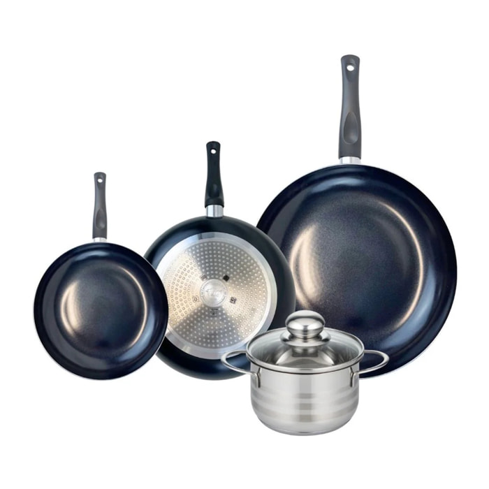Ensemble de 3 Poêles de cuisson 20, 24 et 32 cm et 1 faitout 16 cm Elo Prima Brillant