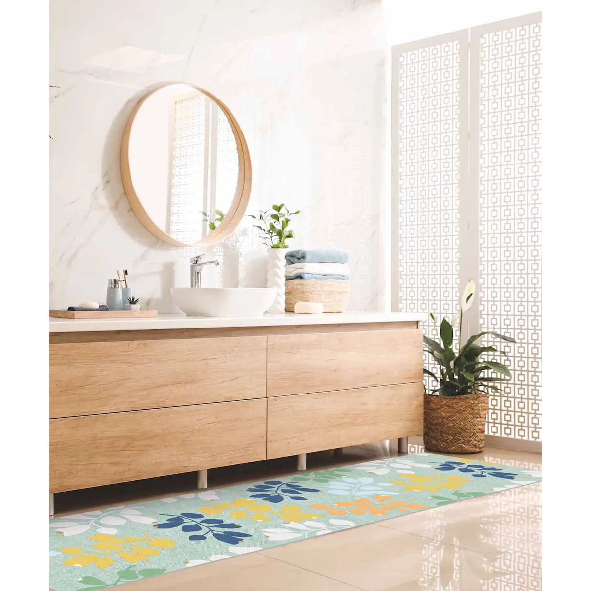 Passatoia tappeto cucina bagno ingresso multiuso, disegno foglie stile naturale