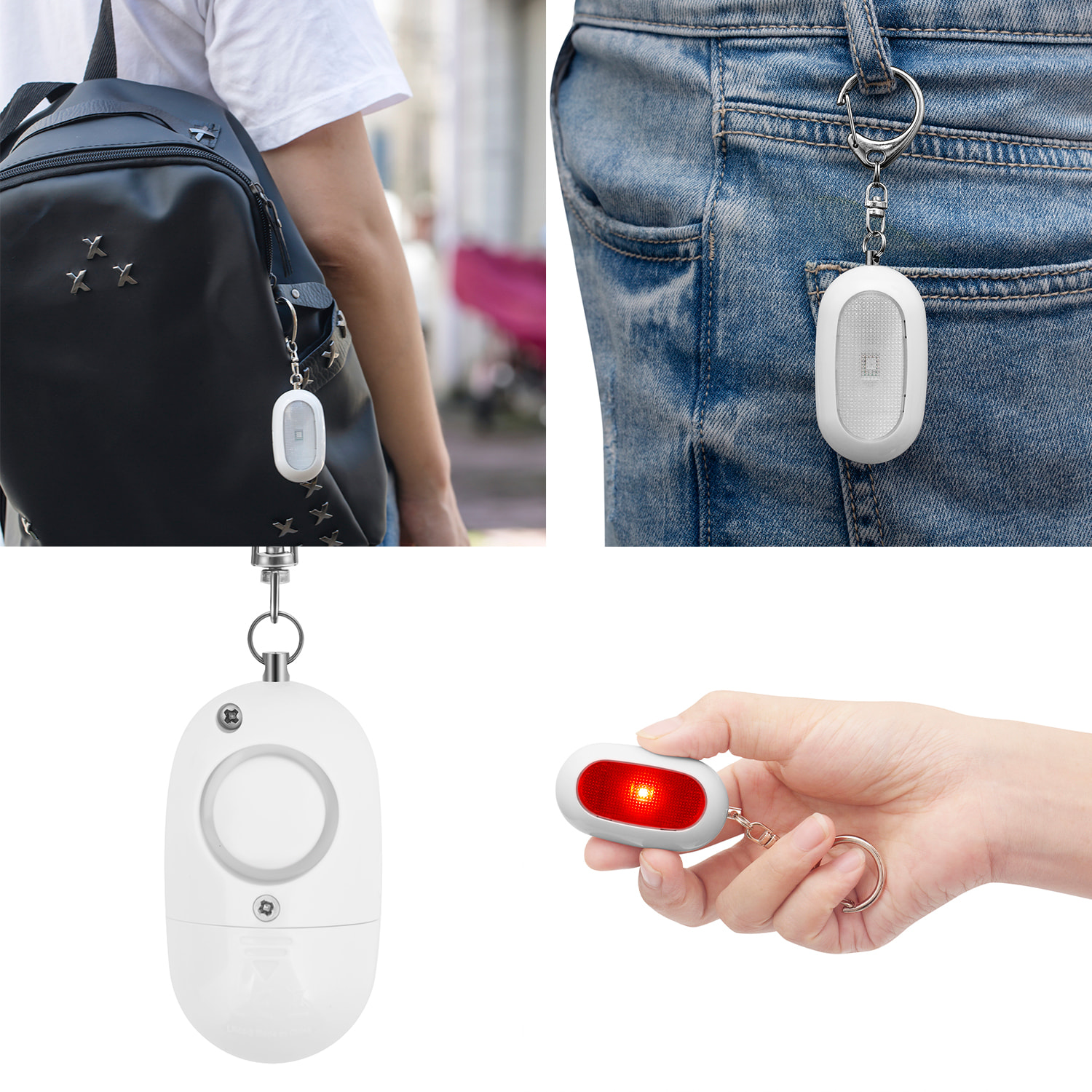 Allarme SOS personale con luce LED rossa brillante con 2 modalità e suono di 125 dB.