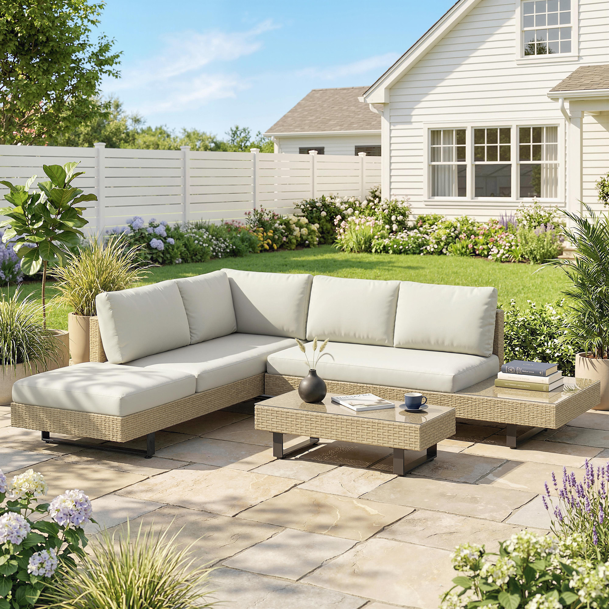 Conjunto de Jardín de Ratán de 3 Piezas, Conjunto Terraza Resistente, Muebles Jardín Exterior Incluye Cojines, Sofá de 3 Plazas, Sofá de 2 Plazas con Mesa Lateral, Mesa Centro de Vidrio Beige