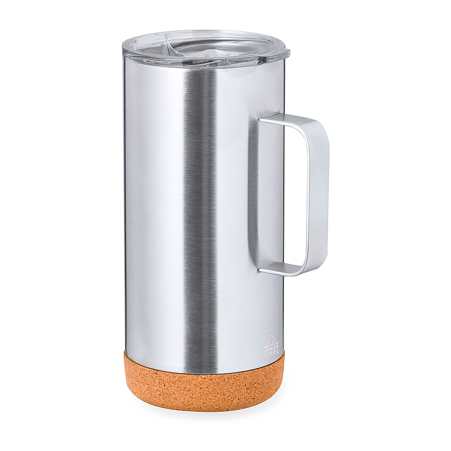 Taza térmica en acero inox reciclado de doble pared y 450 ml de capacidad. Con dosificador abrefácil en tapa y base en corcho. Libre de BPA.
