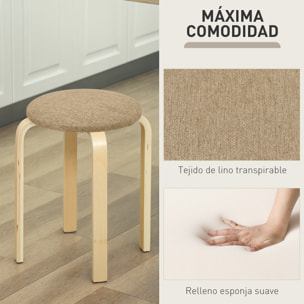 Juego de 4 Taburetes Apilables Redondos Taburetes Bajo de Cocina de Madera con Asiento Acolchado para Comedor Dormitorio Oficina Salón Caqui y Natural
