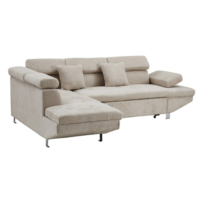 Margaux - Canapé d'angle gauche 5 places convertible avec coffre et têtières réglables en velours texturé - Beige