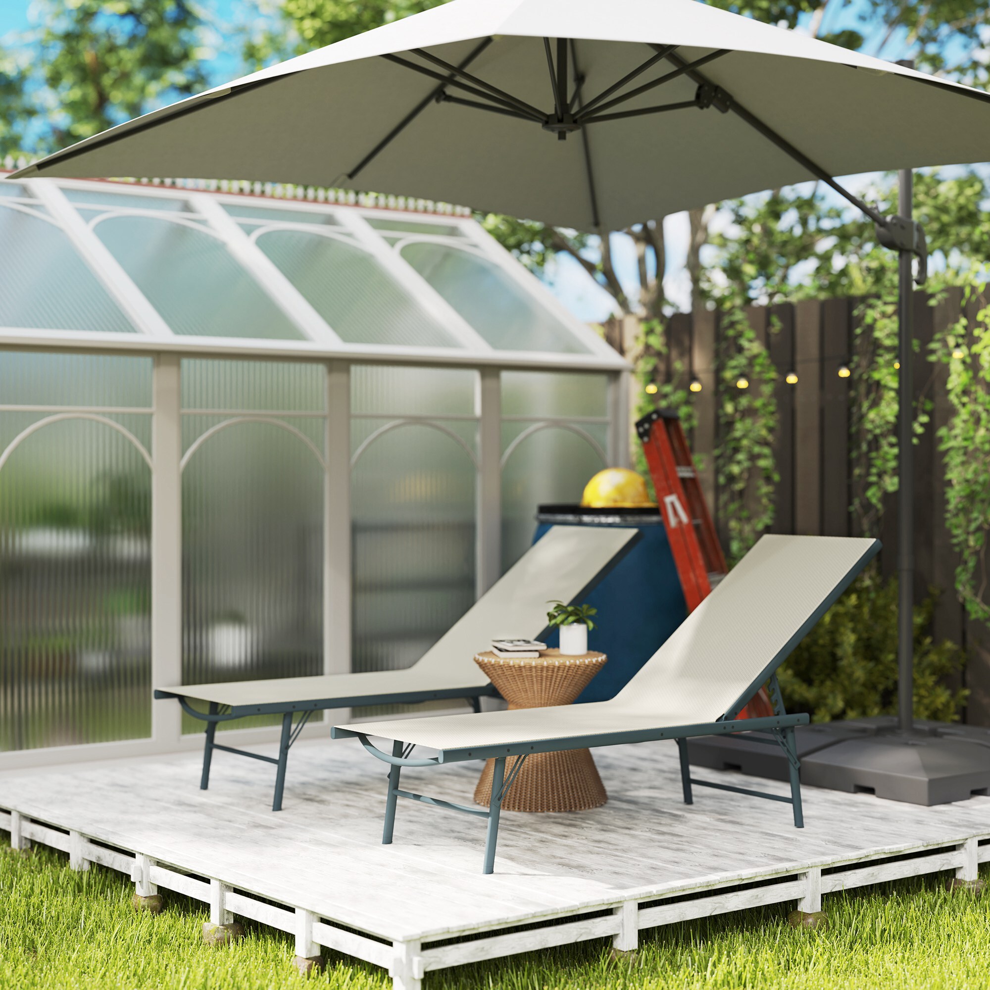 Pack de 2 Tumbonas Jardín Exterior Tumbonas Plegables Reclinables en 5 Posiciones con Estructura Metálica y Asiento de Malla Transpirable para Playa Piscina 164x54x84 cm Crema