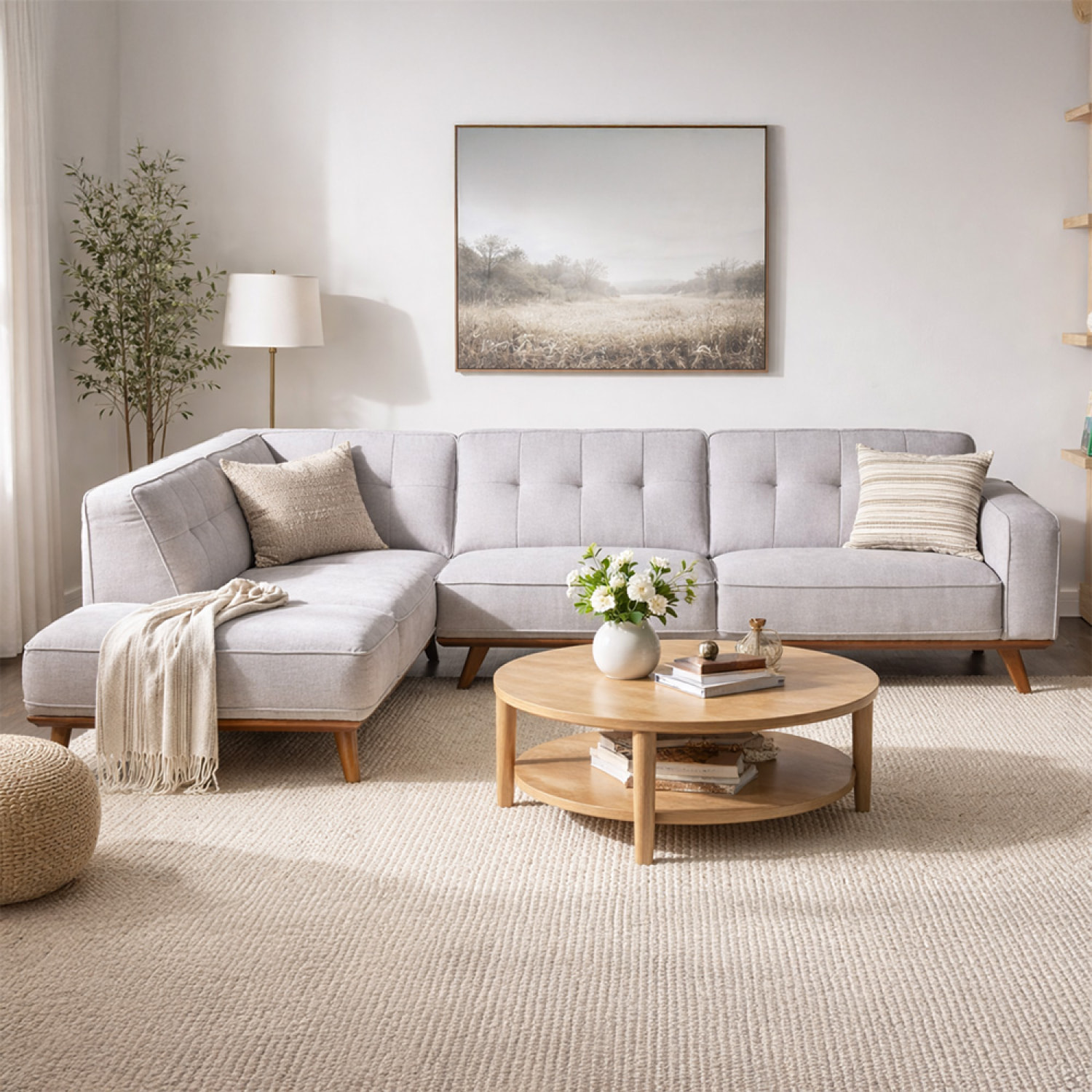 KINSALE Canapé d'angle design en tissu gris 5/6 places