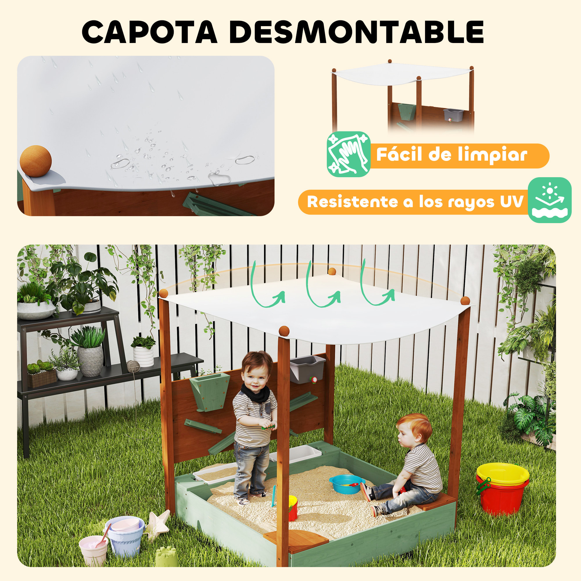 Arenero para Niños de Madera con Techo, Arenero Infantil con 2 Asientos, 2 Cajas, Grifo, Embudo, Caja de Arena para Niños de 3-6 Años, para Patio, Jardín, Balcón, 116x112,5x128 cm, Verde