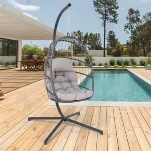Poltrona Pensile Pieghevole Grigia in Rattan Interno Esterno, Amaca da Giardino Sospesa con Cuscino imbottito incluso
