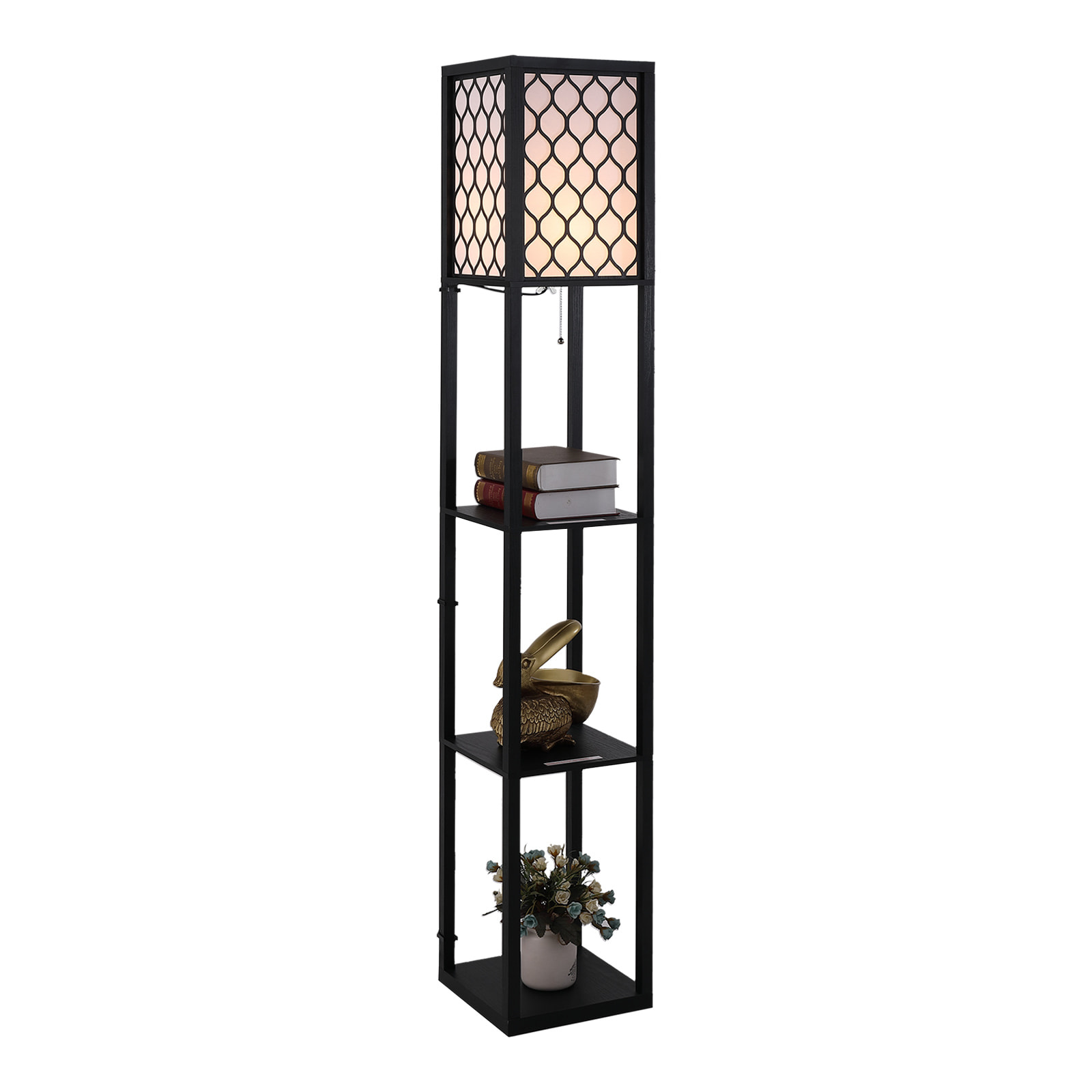 Lampadaire étagère lampe étagère 26L x 26l x 160H cm 3 étagères 4 niveaux MDF noir motif nid d'abeille