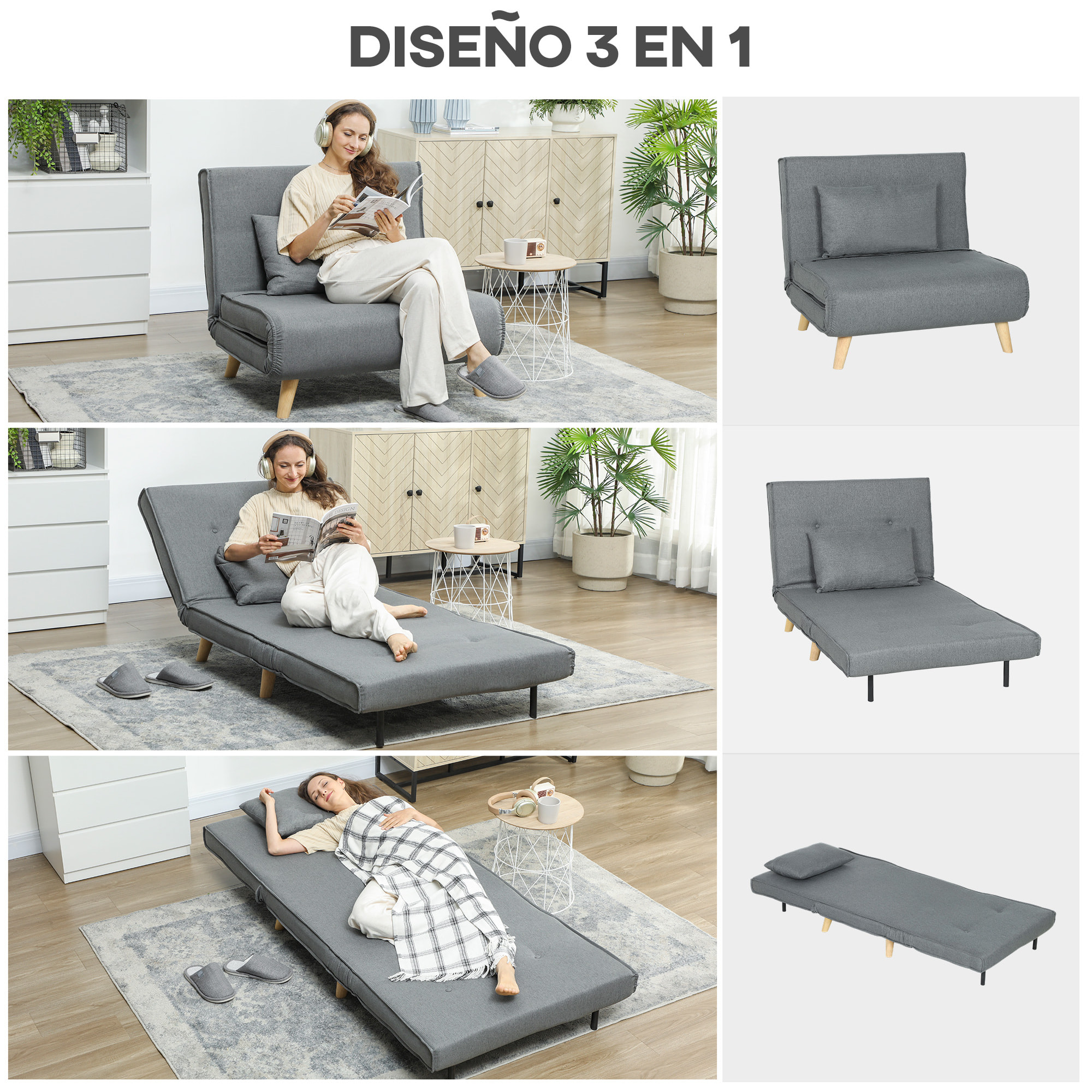 Sofá Cama de 1 Plaza 3 en 1, Sillón Cama Plegable Tapizado en Lino Sintético, con Respaldo Ajustable en 6 Niveles, Almohada, Asiento Ancho, Patas de Madera, 90x78x79 cm, Gris