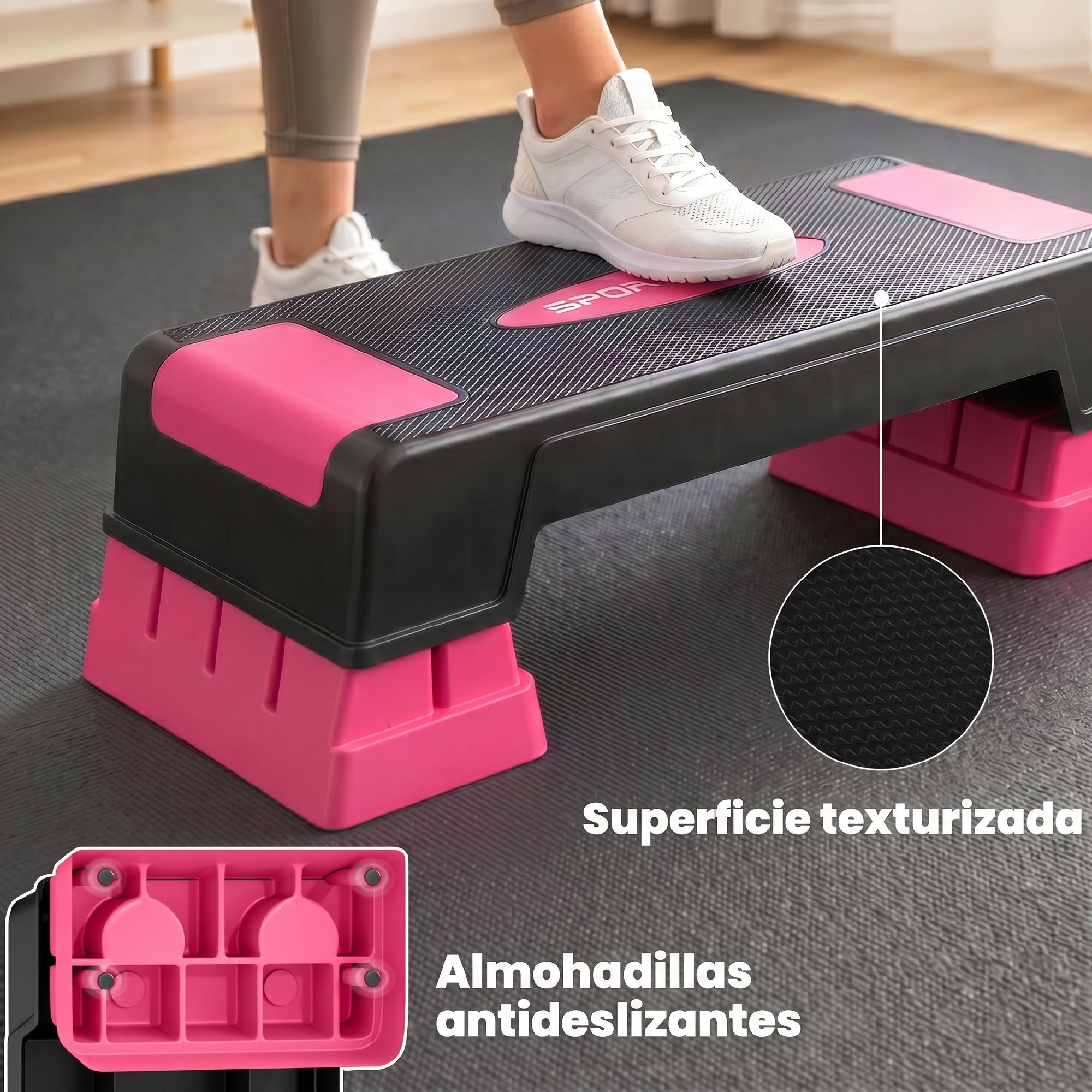 Step de Aeróbic Step para Fitness Stepper Antideslizante con Altura Ajustable de 12/17,5/22,5 cm Base Robusta Carga 250 kg para Entrenamiento en Casa Gimnasio Hombres y Mujeres Rosa