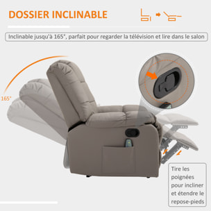 Fauteuil luxe de relaxation et massage inclinaison dossier repose-pied réglable revêtement synthétique gris