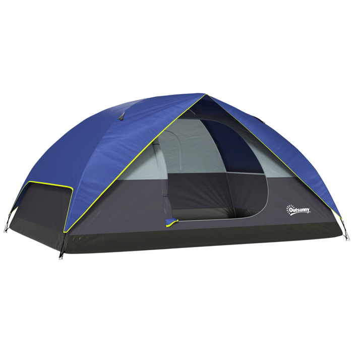 Tente de camping 2-4 personnes - fenêtre, 2 poches, port d'alimentation, sac de transport - bleu foncé