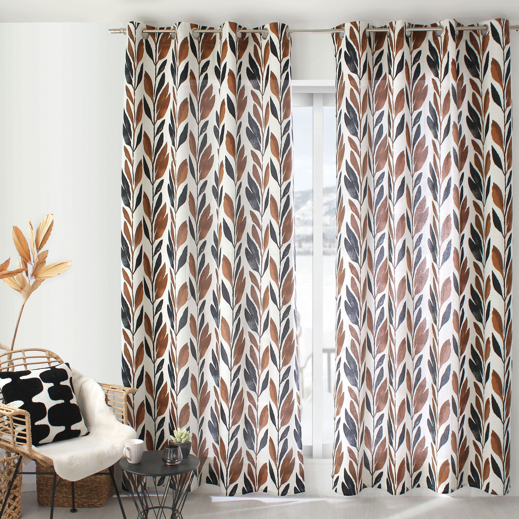 Rideau motif végétal tamisant en coton recyclé - Blanc