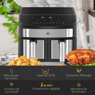 Friteuse à air sans huile air fryer double compartiment total 8L - 2400W - 10 programmes, température réglable, timer - noir