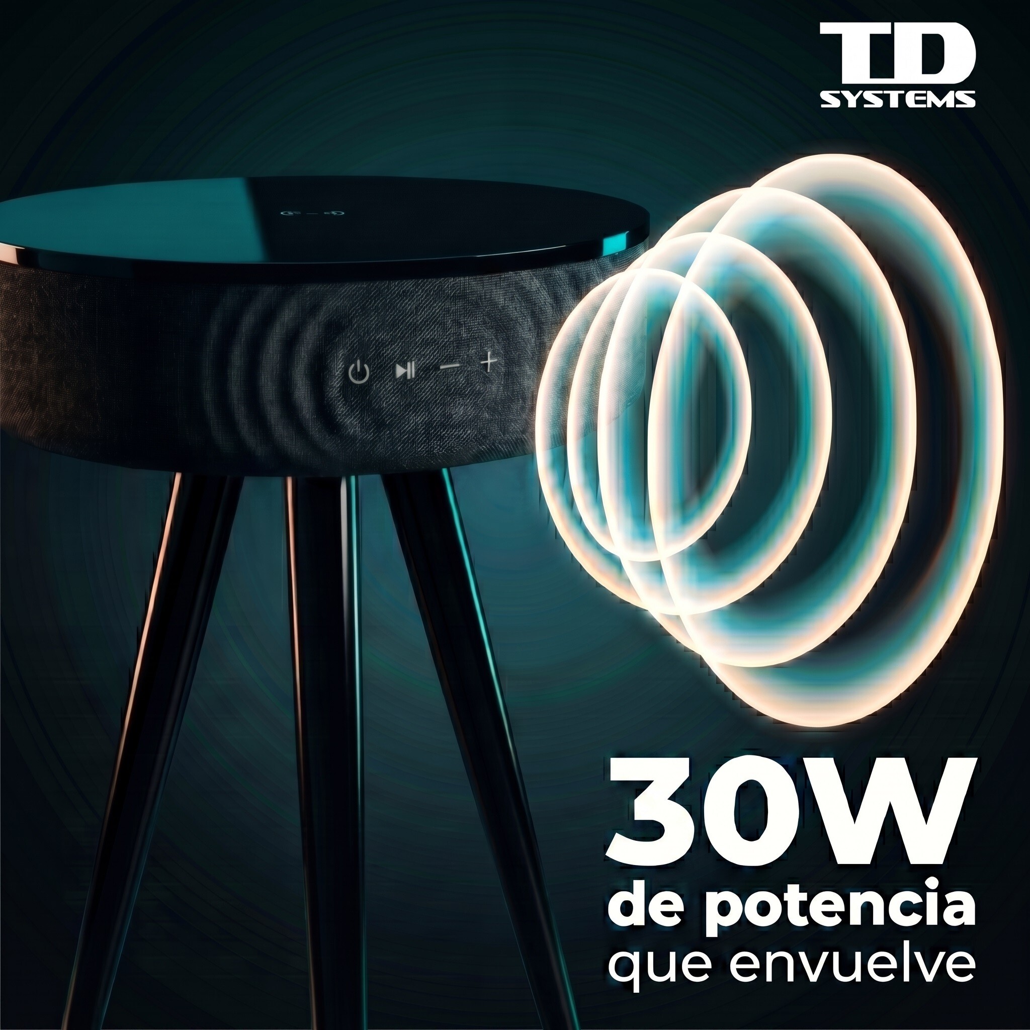 Mesa auxiliar altavoz portátil con sonido de 30W, Bluetooth, base de carga inalámbrica, batería de 2200mAh. Mesilla o mesita para dormitorio o sala de estar - TD Systems SM30B11WN [Lacado negro]