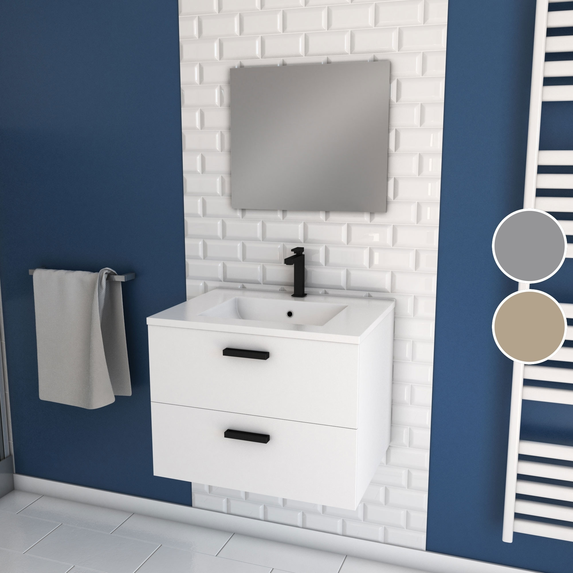 Meuble salle de bain 60 cm suspendu 2 tiroirs Blanc avec vasque et miroir - BOX-IN