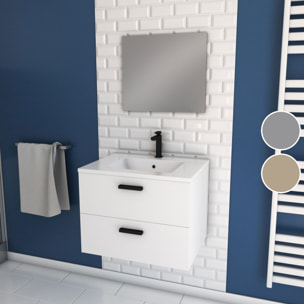 Meuble salle de bain 60 cm suspendu 2 tiroirs Blanc avec vasque et miroir - BOX-IN