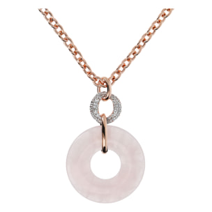 Collana Catena Rolo con Pendente Doppio Cerchio in Quarzo Rosa e Cubic Zirconia