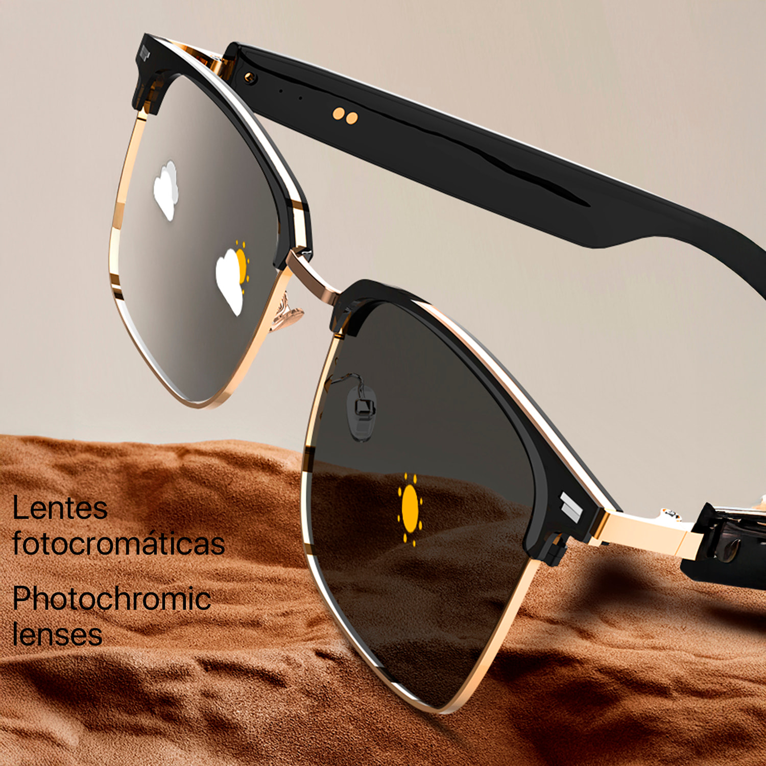 Gafas inteligentes GS13 lentes fotocromáticas, llamada bluetooth, asistente de voz, control remoto de la cámara.