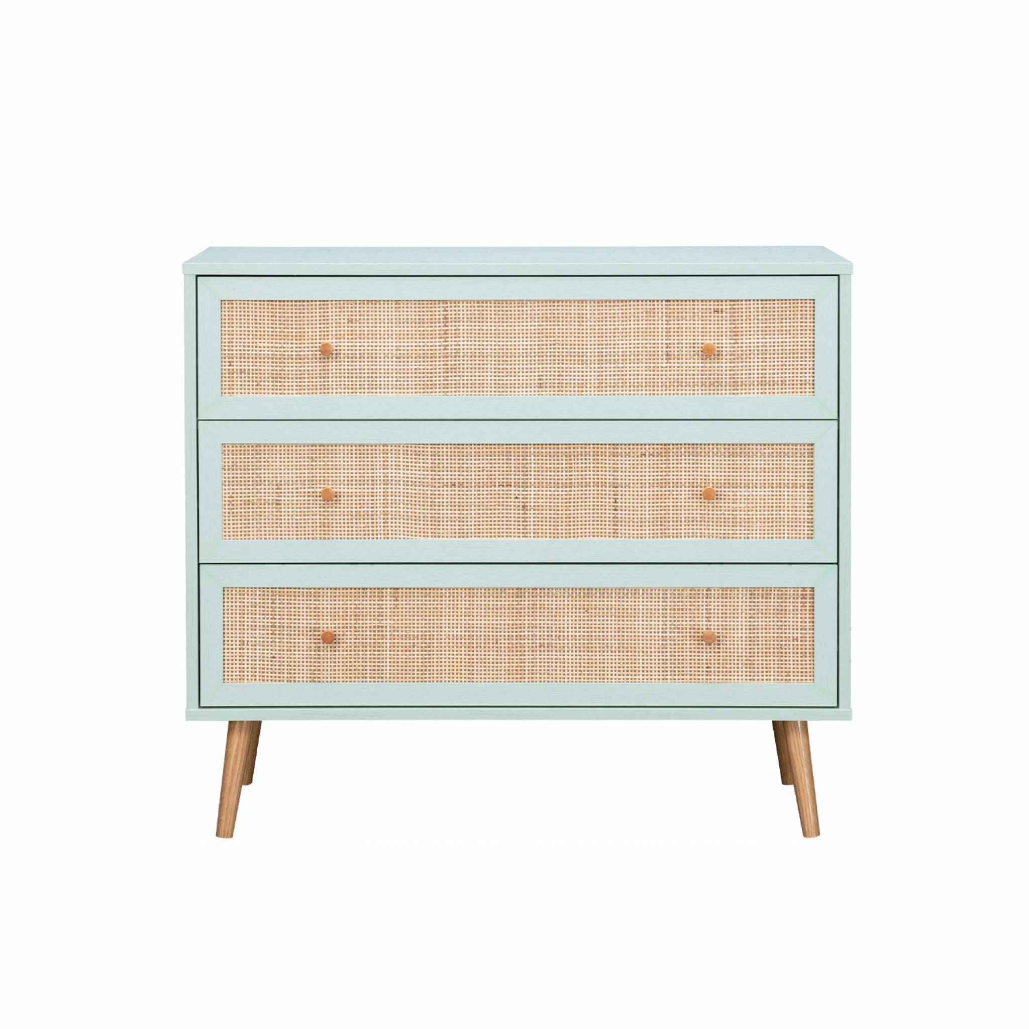 Commode en décor bois vert céladon et cannage 90x39x79cm - Bohème - 3 tiroirs