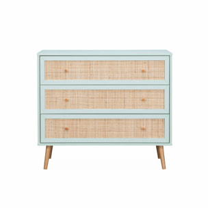 Commode en décor bois vert céladon et cannage 90x39x79cm - Bohème - 3 tiroirs