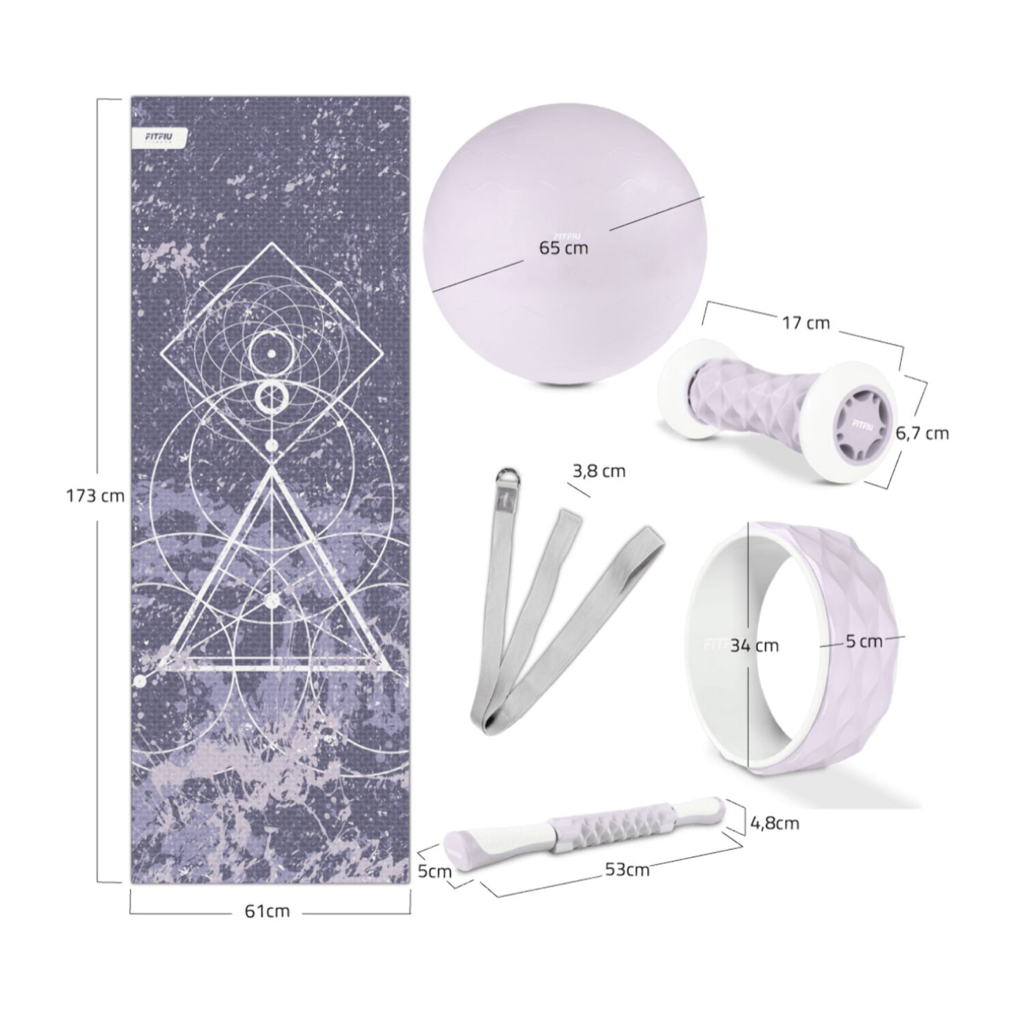 Kit de yoga et Pilates VIOLET 6 accessoires avec tapis, ballon, roue, masseurs et sangle